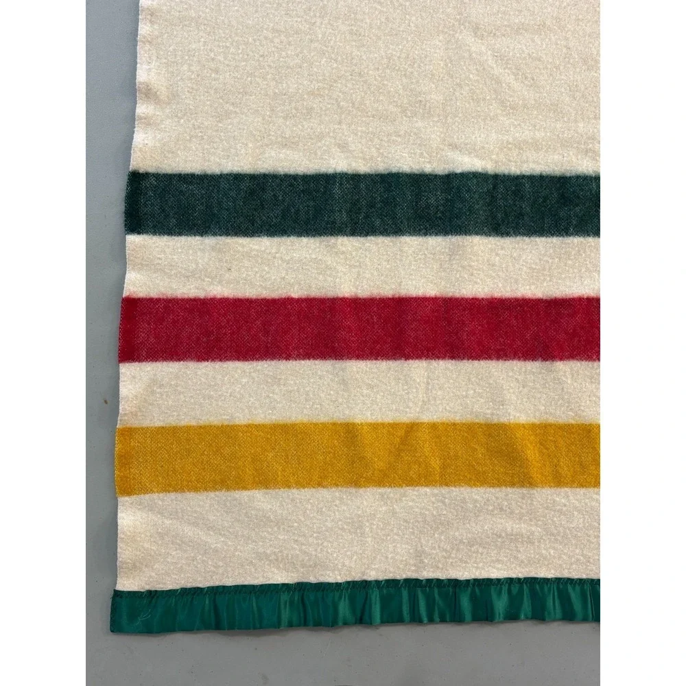 Hudson Bay Style Striped Blanket Multicolor Wool Satin Trim 50